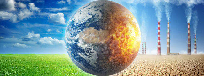 Earth on a background of grass and clouds versus a ruined Earth