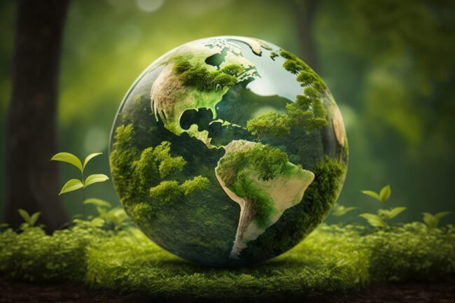 Green world globe with natural green background (Generative AI)