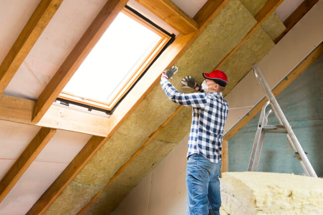 Installing insulation in attic for home renovation. Ecological h