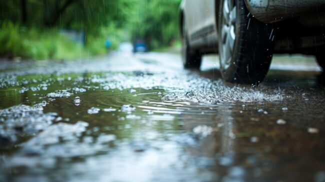 Car tires splashing water in a shallow puddle on a rainy day