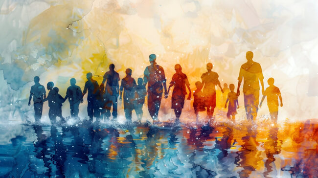 Climate Refugees Seeking Inclusive Community Support in Watercolor Landscape