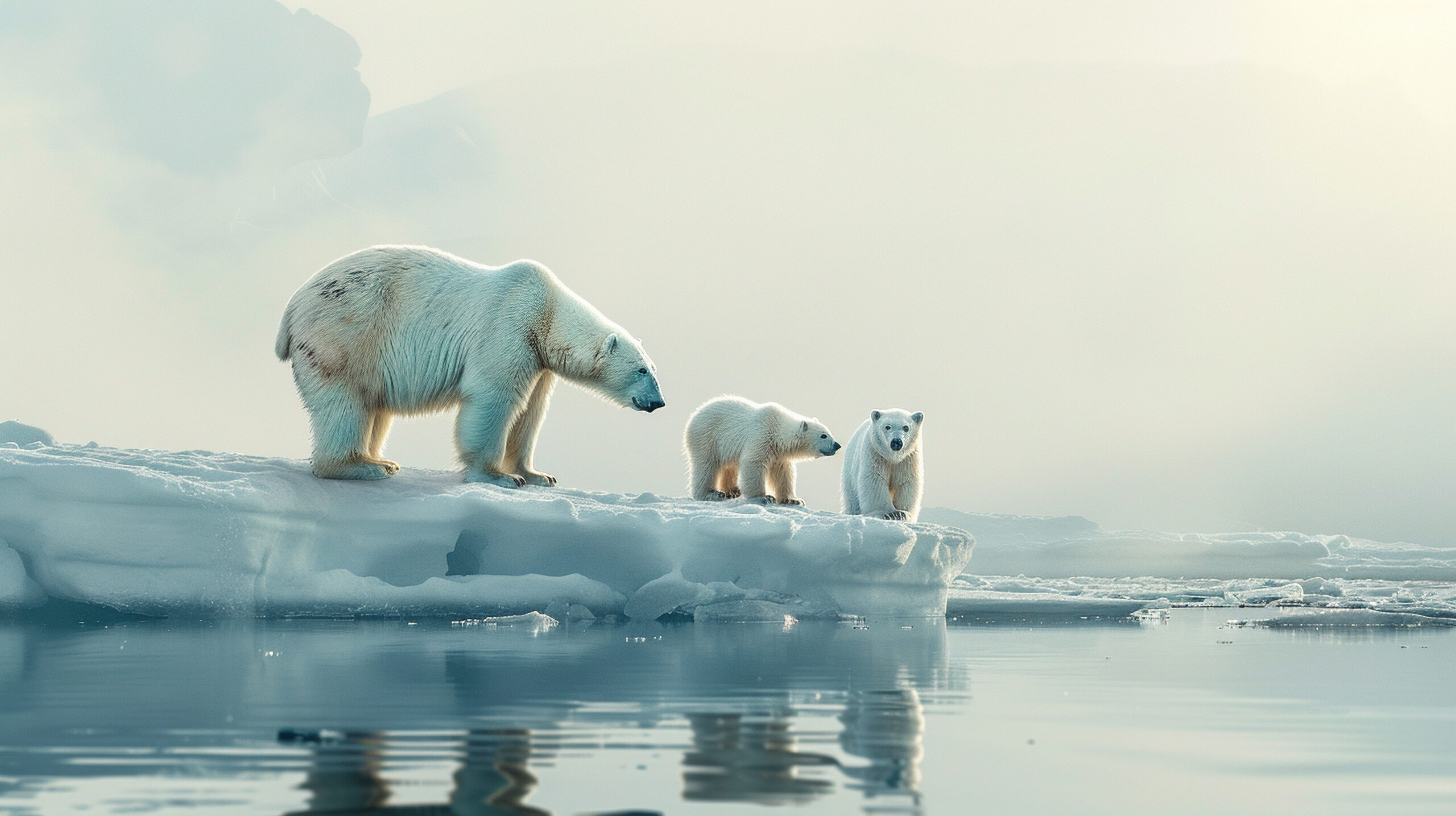 A family of polar bears on an ice floe.