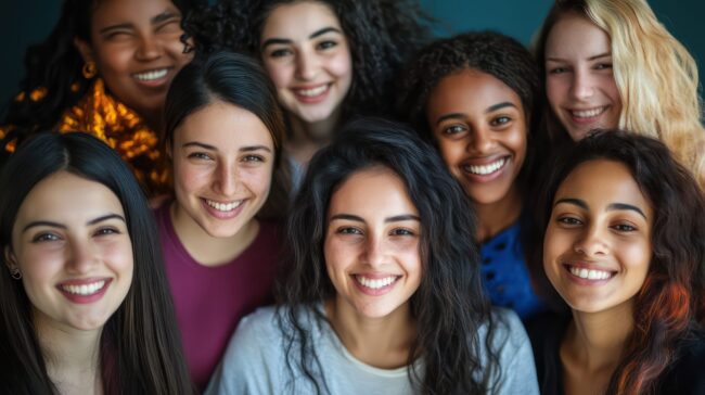 Diverse women smiling, group portrait, friendship, studio background, website banner