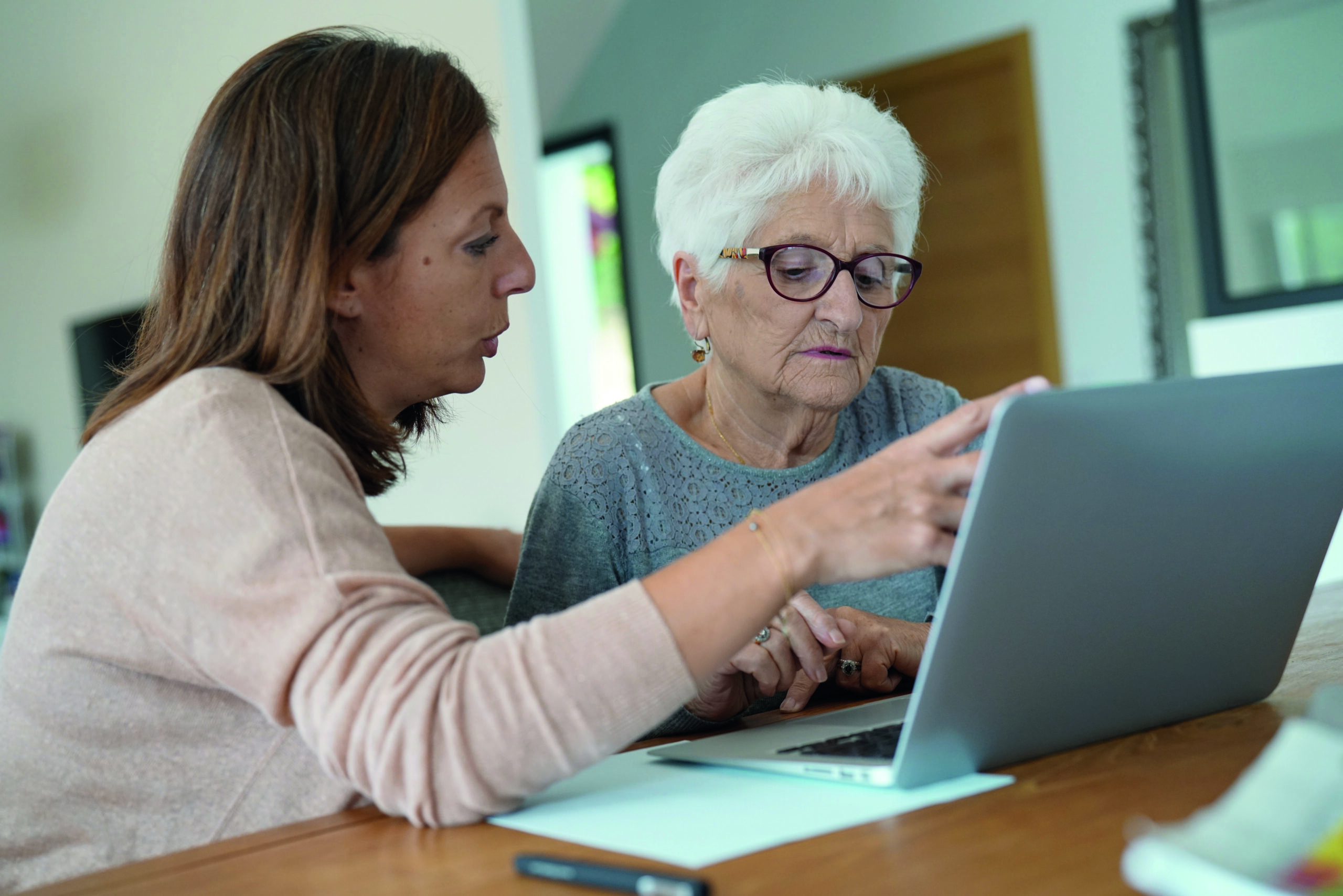 Elderly woman using laptop with help of homecarer